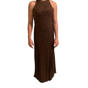 Vintage Creative Creations Dress 4 Brown Silk Crossback Long Sleeveless Formal